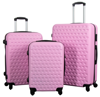 Koffertsett - 3 stk. tilbud på hardcase-kofferter - Rosa koffert med hjerter