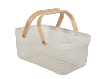 Trådkurv - Hvit trådkurv med trehåndtak - 40x25x18 cm - Trendy oppbevaringsløsning for hjemmet