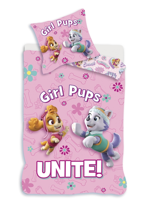 Paw Patrol juniorsengetøy 100x140 cm - Girl pups pink - Vendbart design - 100% bomull