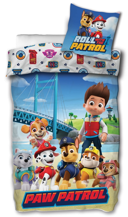 Paw Patrol sengetøy - 140x200 cm - Roll with the Patrol - 2 i 1 design - Dynetrekk i 100 % bomull