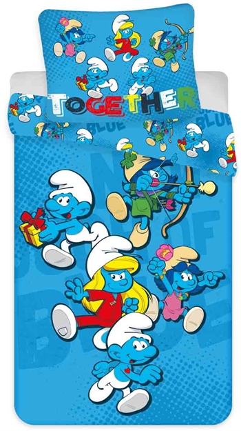 Smurfesengetøy 140x200 cm - Dyne med 2-i-1 design - Sengesett i 100 % bomull